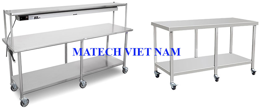 ban thao tac inox 2 tang 6 chan co banh xe